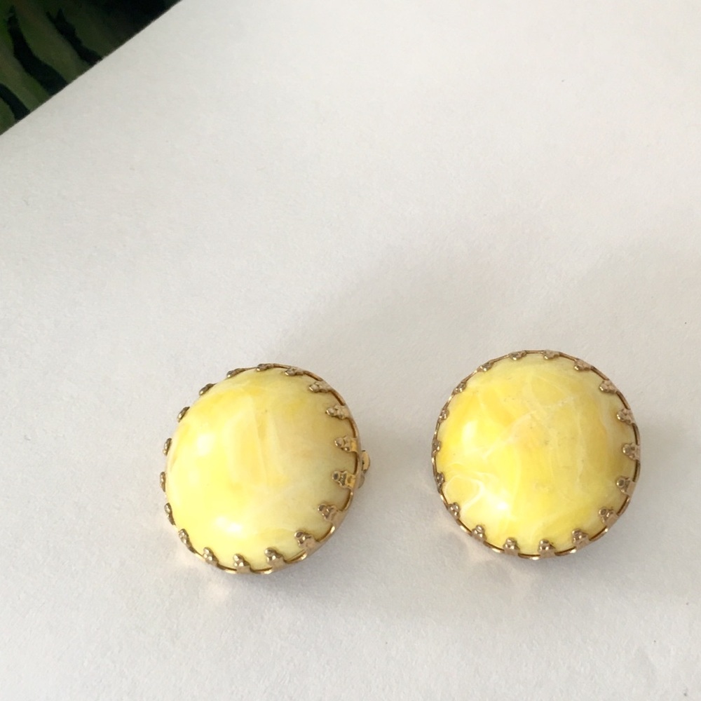 Vintage Round Button Yellow Clip On Earrings